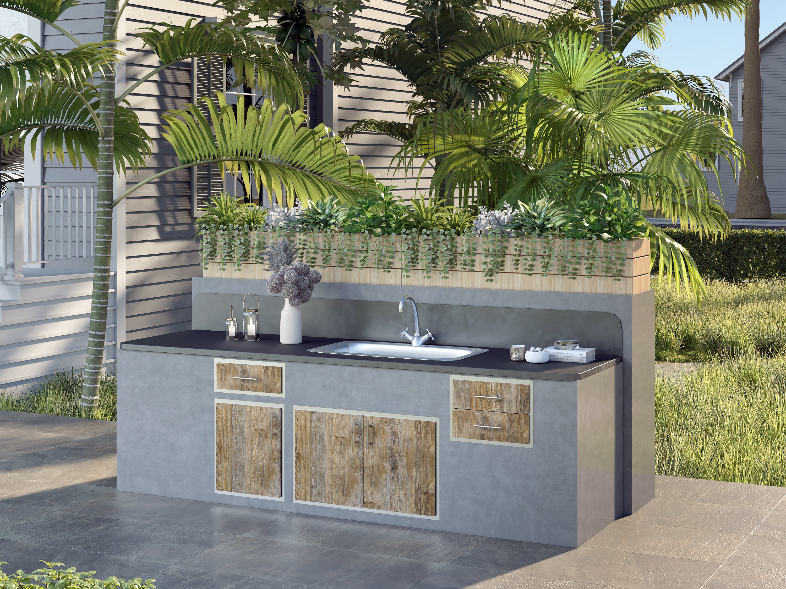 Outdoor Kitchen Drawer Premium HPL Plastic for BBQ Island, Grilling Station and Outside Cabinet, Double 17"Wx12"Hx21"D