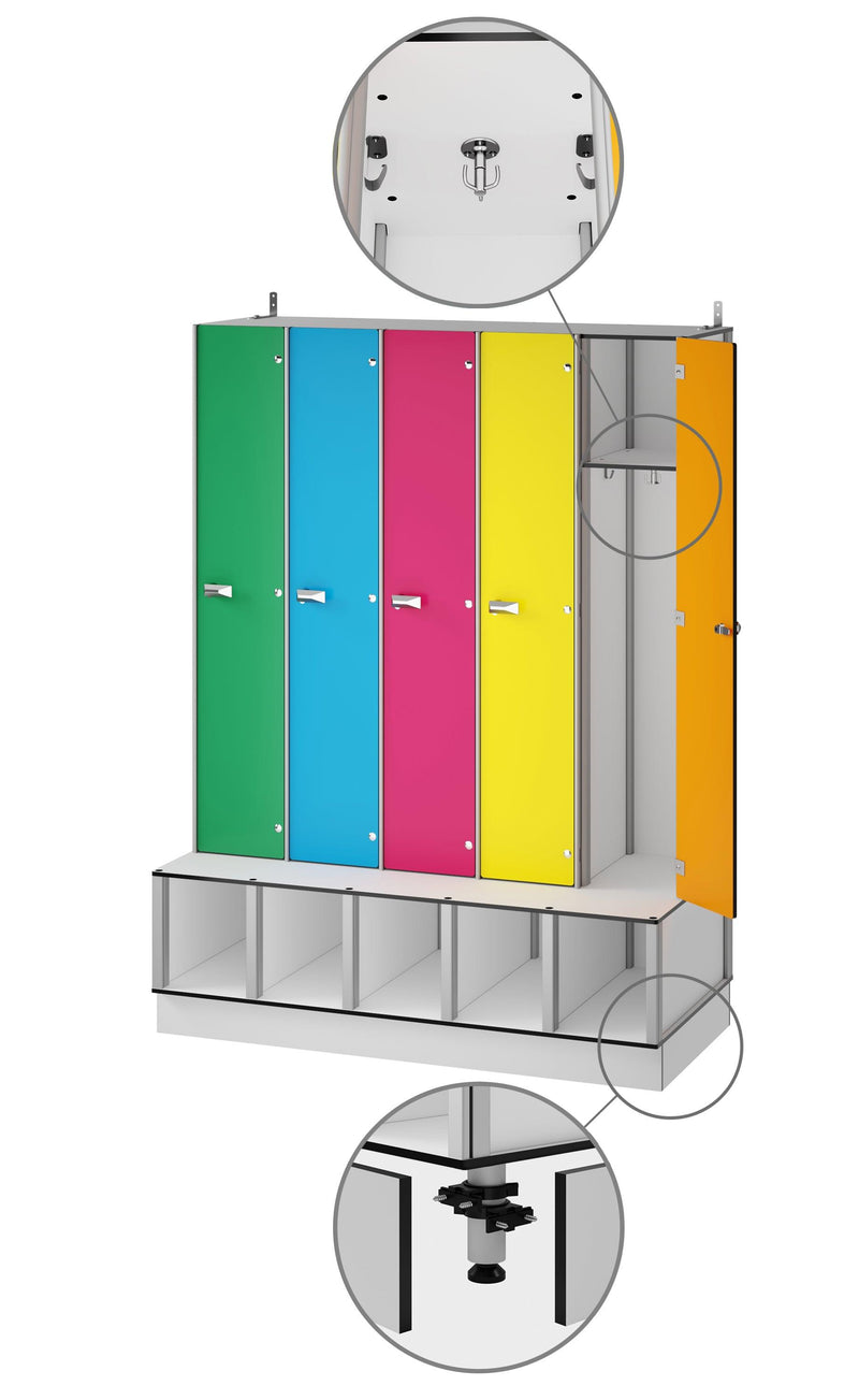 FOREMAN® Kids 5 Locker Unit - Single Tier Waterproof Locker Unit with Shoe Cubbies and an Integrated Bench